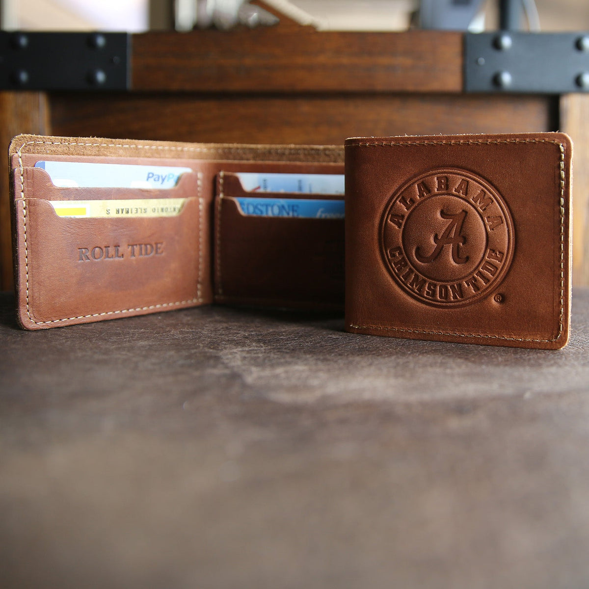 Fine leather bifold wallet with Alabama Crimson Tide 