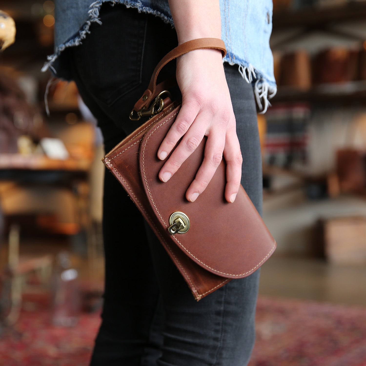 Fine leather envelope clutch at Holtz Leather Co in Huntsville, Alabama