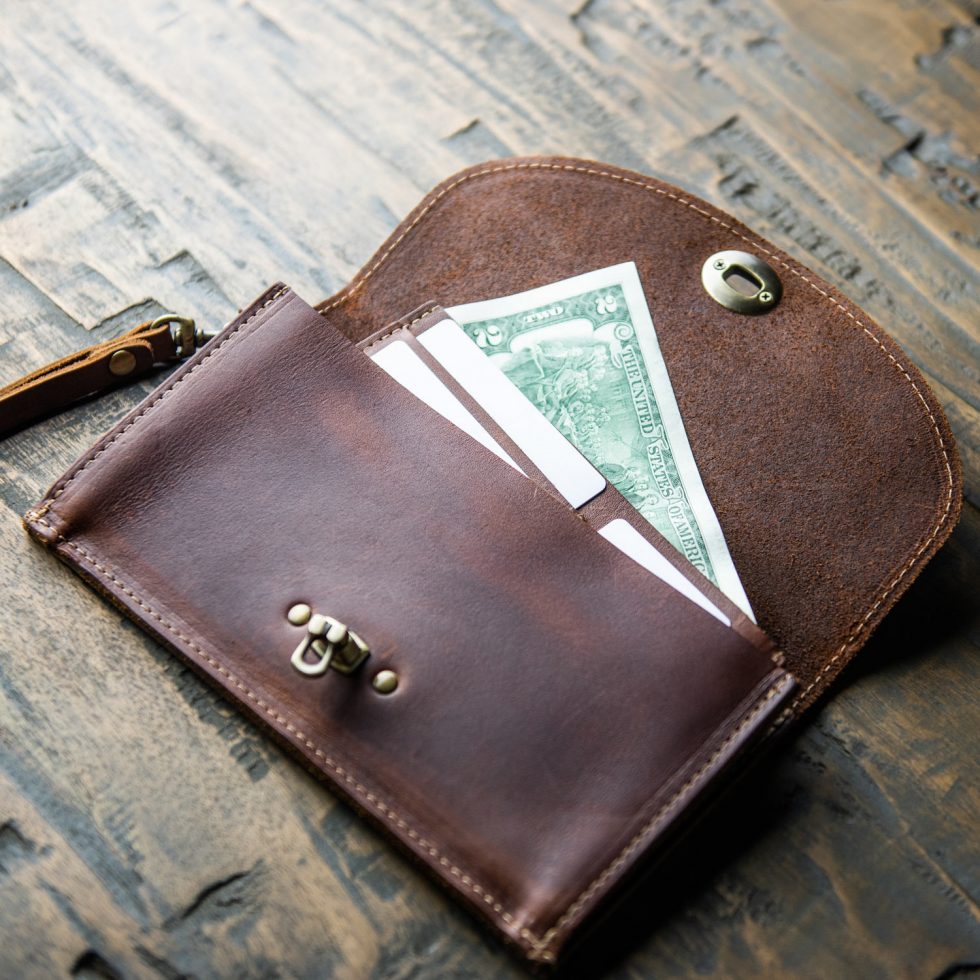 Fine leather envelope clutch at Holtz Leather Co in Huntsville, Alabama