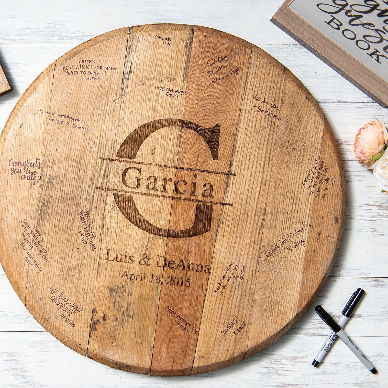 Tennessee whiskey barrel head wood wedding guestbook sign with personalization